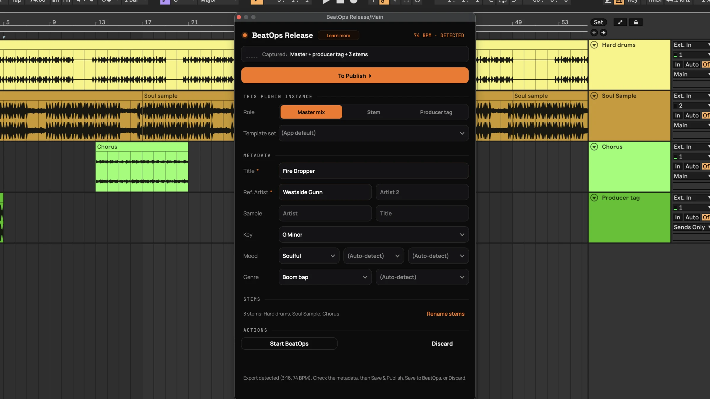 BeatOps Release running on the master bus in Ableton Live. The plugin reads Export detected at 74 BPM and has already filled in the title Fire Dropper, the key G Minor, the genre and the three captured stems.
