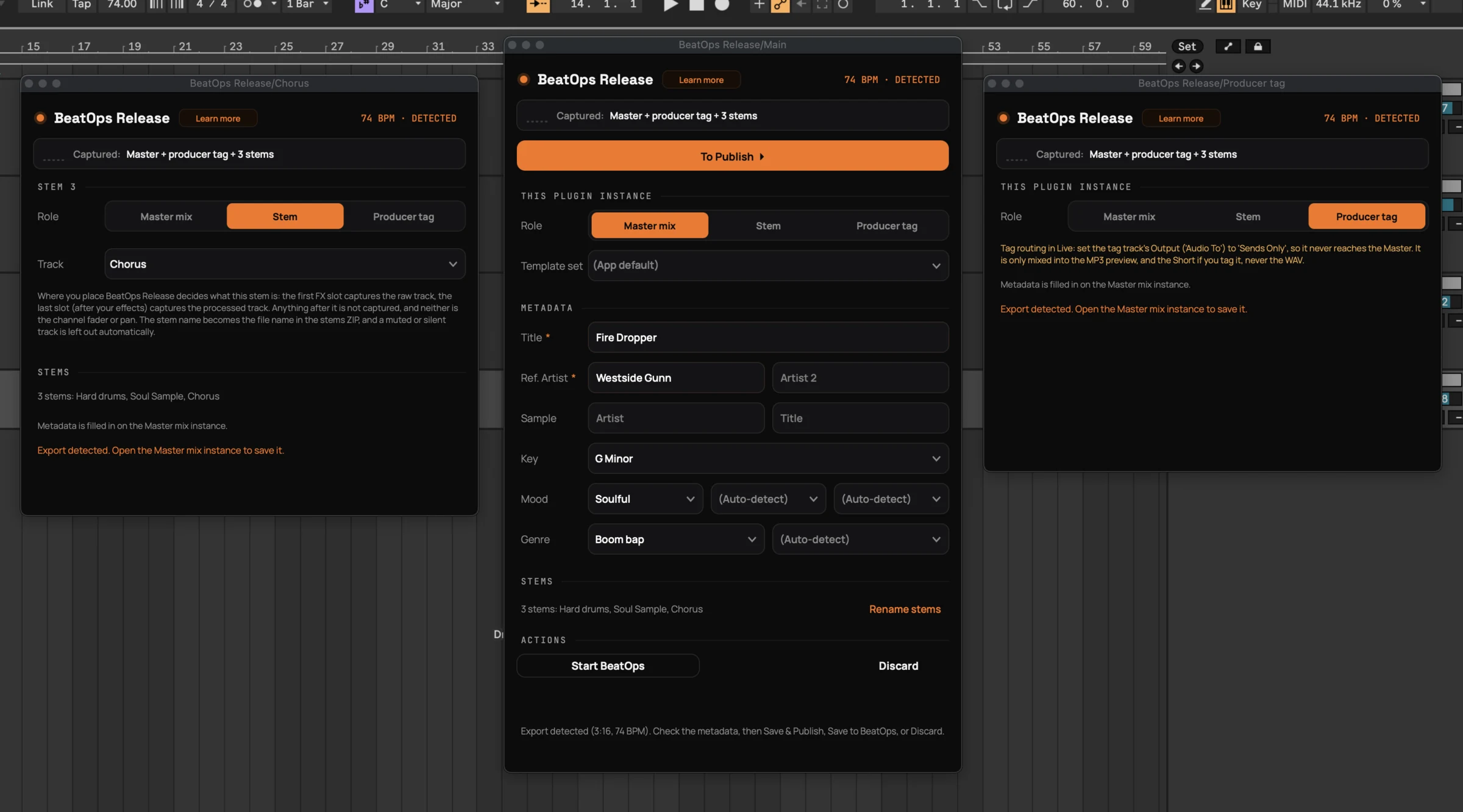 Three BeatOps Release instances open at once in Ableton Live: one set to Master mix, one to Stem on the Soul Sample track, and one to Producer tag, each showing its role and all reading Export detected.