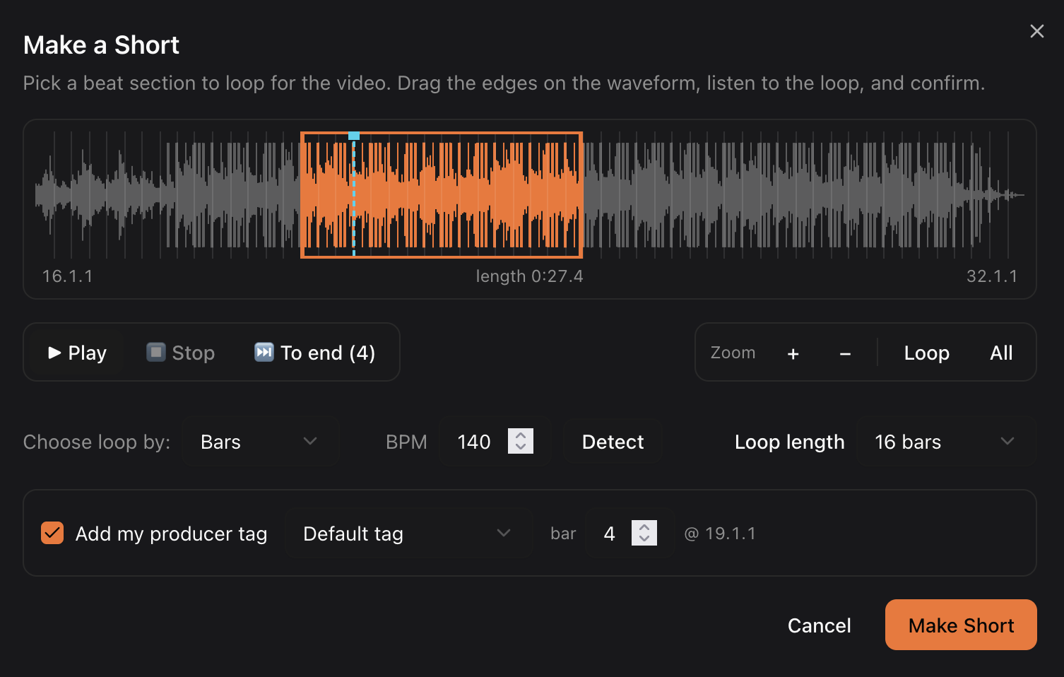 BeatOps Make a Short dialog: pick a loop section on the waveform and add your producer tag
